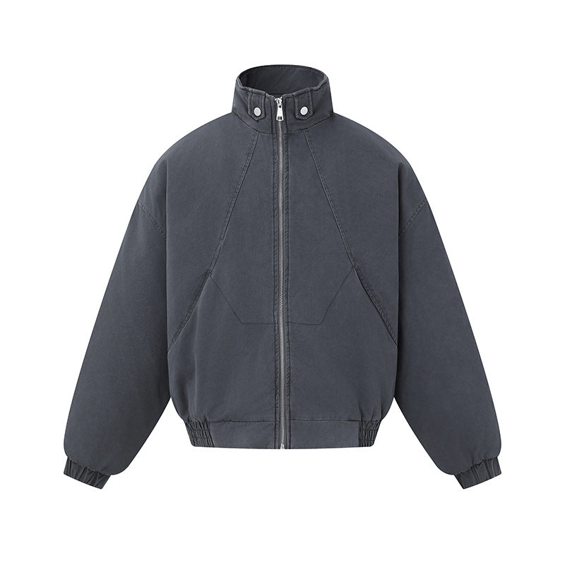 Unisex Boxy-Canvas-Blousonjacke mit hohem Stehkragen, diagonalem Nahtdesign und elastischem Saum Shop Nory