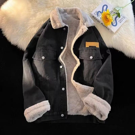Damen oversized Jeansjacke mit Innenfutter aus Teddyfell