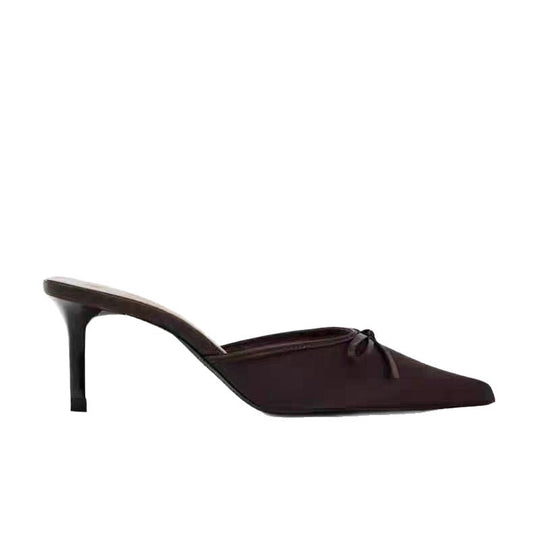 Damen Spitz zulaufende Satinähnliche Mule mit zierlicher Schleifen-Applikation und schlankem Stiletto-Absatz Shop Nory