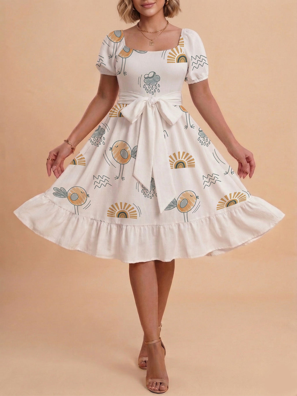Damen Sommerliches Blumenkleid mit taillierbarem Gürtel und voluminösen Ärmeln