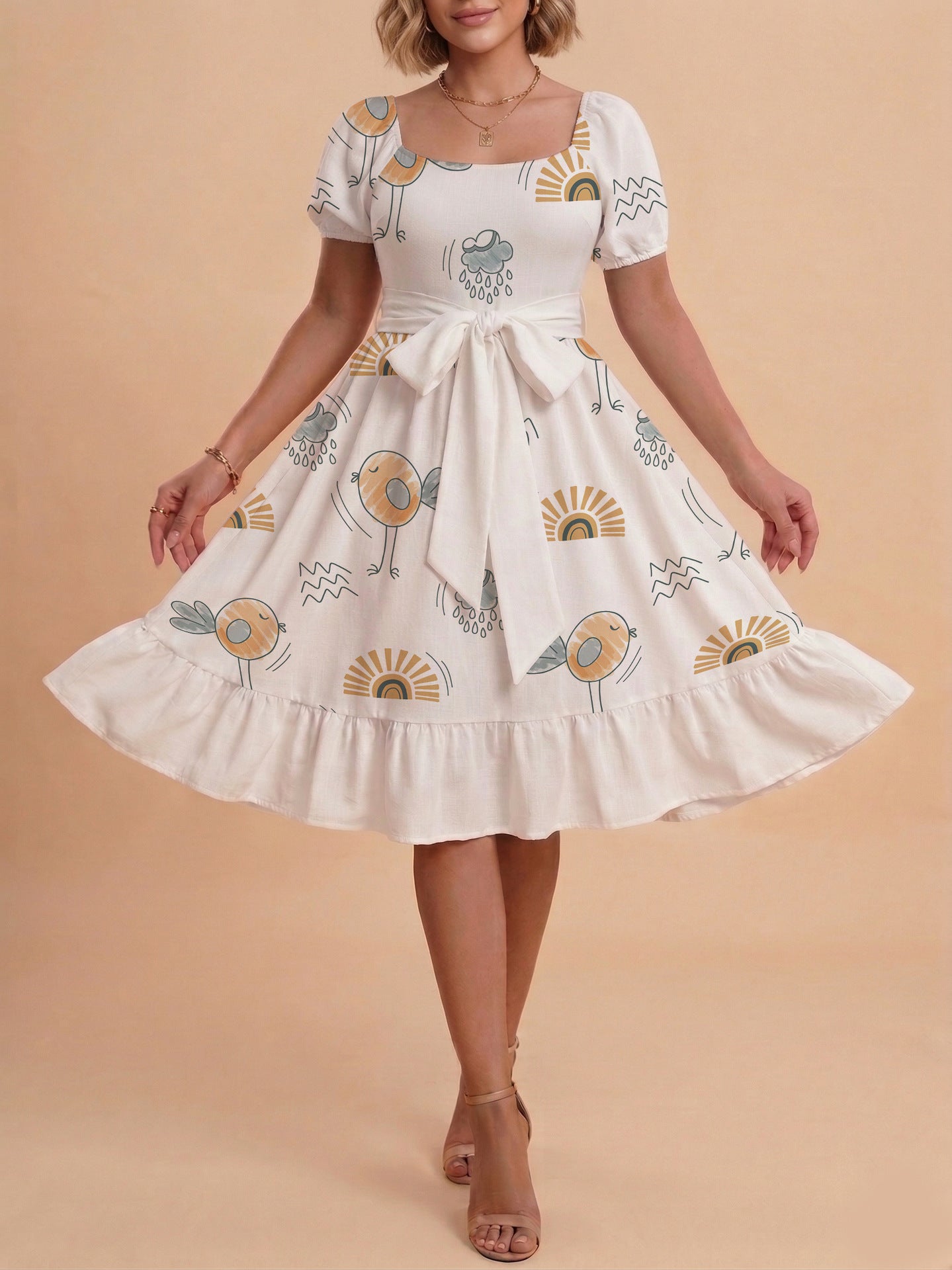 Damen Sommerliches Blumenkleid mit taillierbarem Gürtel und voluminösen Ärmeln