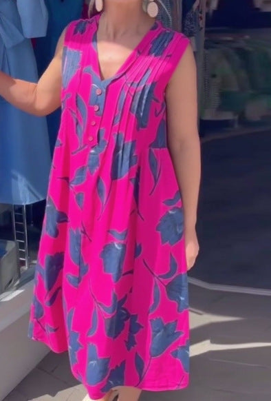 Damen nan lässiges V-Ausschnitt-Midikleid mit Brustpasse, senkrechten Falten und dekorativer Knopfleiste