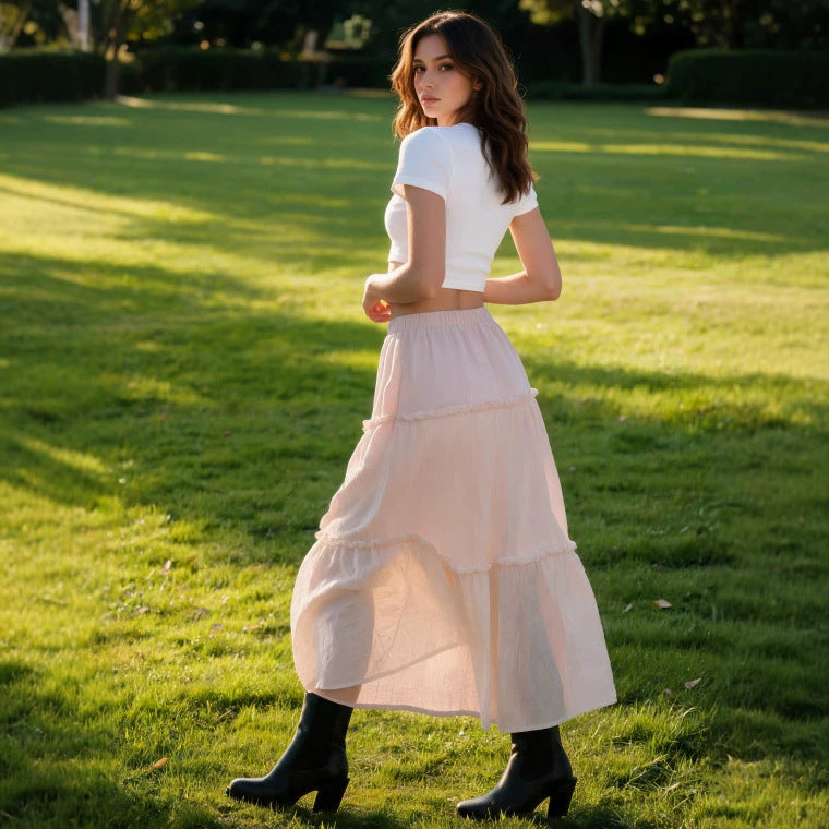 Damen Luftiger Stufenrock mit elastischem Bund und transparenter Chiffon‑Optik Shop Nory