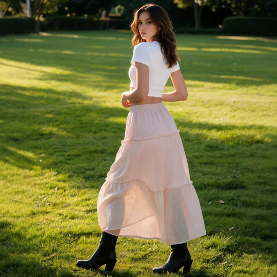 Damen Luftiger Stufenrock mit elastischem Bund und transparenter Chiffon‑Optik Shop Nory