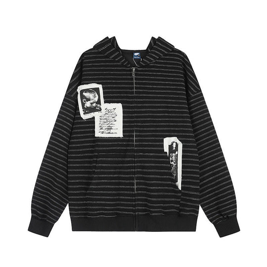 Unisex Kapuzen-Zipjacke im Oversize-Streifenlook mit Fotopatch-Applikationen Shop Nory