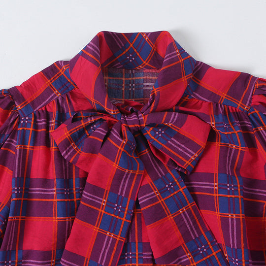 Damen Schluppenbluse mit Karo-Muster, Volumenärmeln und breiten Manschetten Shop Nory