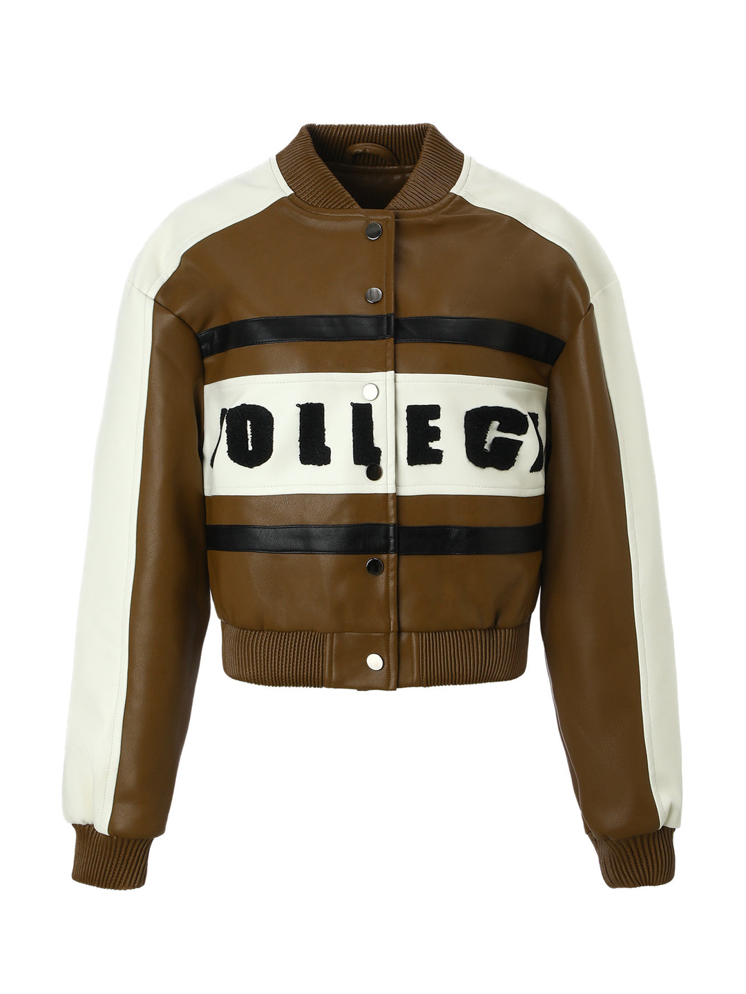 Damen Cropped College‑Bomberjacke aus Kunstleder mit kontrastierenden Streifen und Druckknöpfen Shop Nory