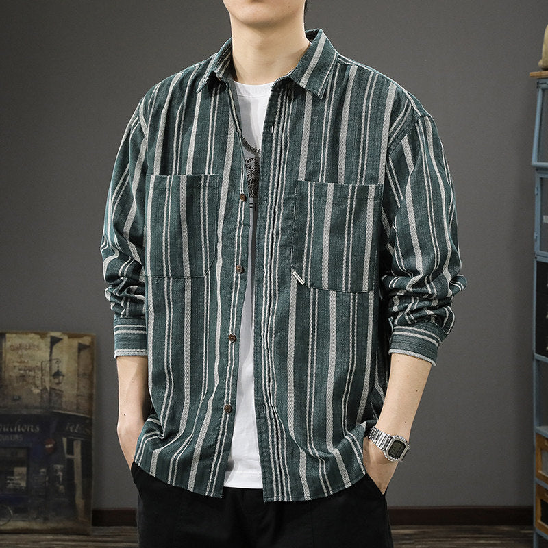 Herren Oversized Breitcord-Hemdjacke mit vertikaler Streifenstruktur und aufgesetzten Brusttaschen Shop Nory