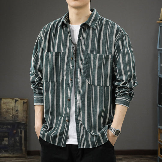 Herren Oversized Breitcord-Hemdjacke mit vertikaler Streifenstruktur und aufgesetzten Brusttaschen Shop Nory
