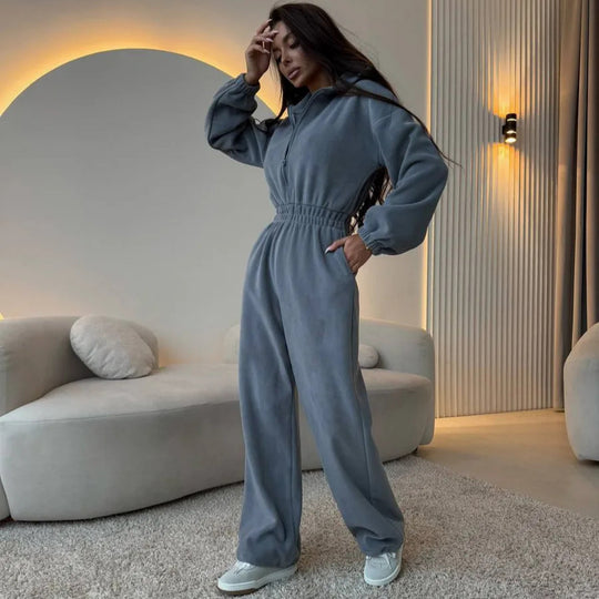 Damen Oversized Loungewear-Jumpsuit mit halbem Reißverschluss und elastischer Taillenraffung Shop Nory