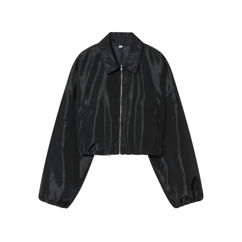 Damen Cropped Bomberjacke aus Satinoptik mit Reißverschluss und elastischem Saum Shop Nory