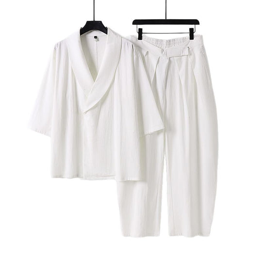 Damen Zweiteiliges Kimono-Loungewear-Set mit Schalkragen Kurzarm-Oberteil und hochtaillierter Plissee-Hose Shop Nory
