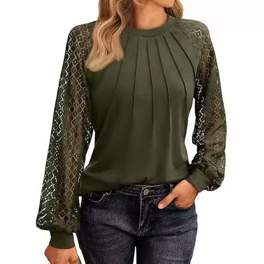 Damen Elegantes Oberteil mit dekorativen Spitzenärmeln und gerafftem Detail