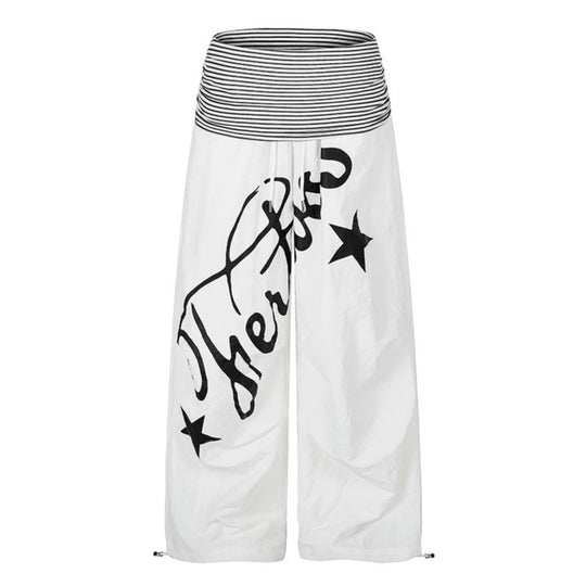 Damen Weite Palazzo-Hose mit hohem, gestreiftem Komfortbund und Statement-Print Shop Nory