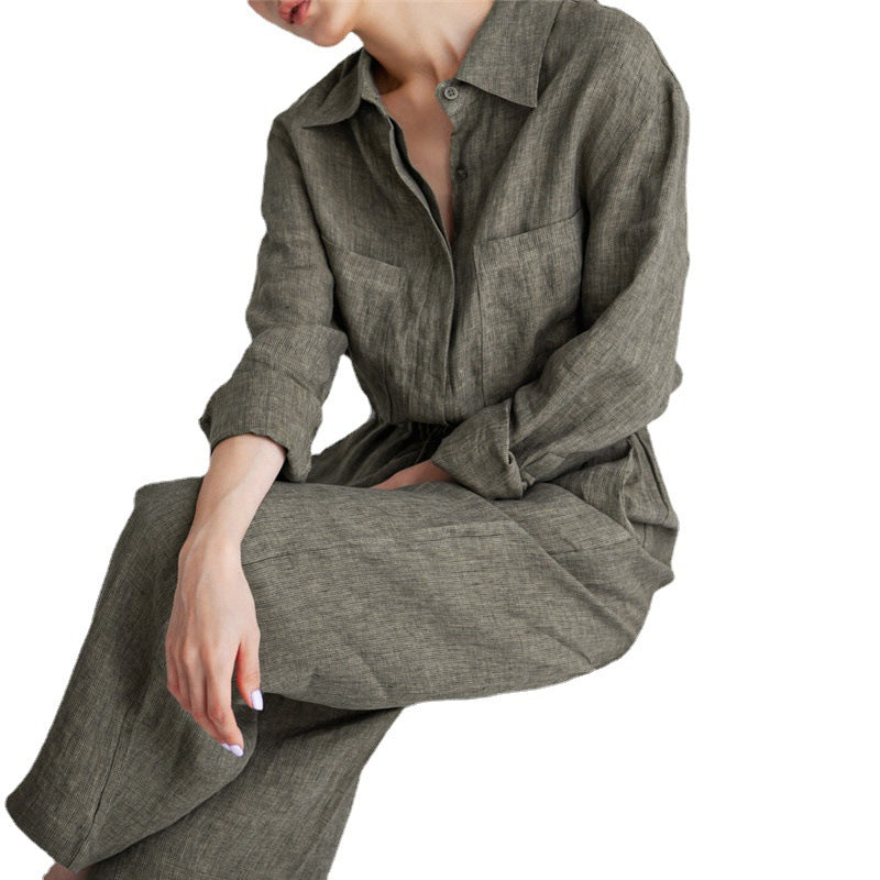 Damen Langer Leinen‑Einteiler mit Hemdkragen, Kordeltaillenbund und weitem Bein Shop Nory