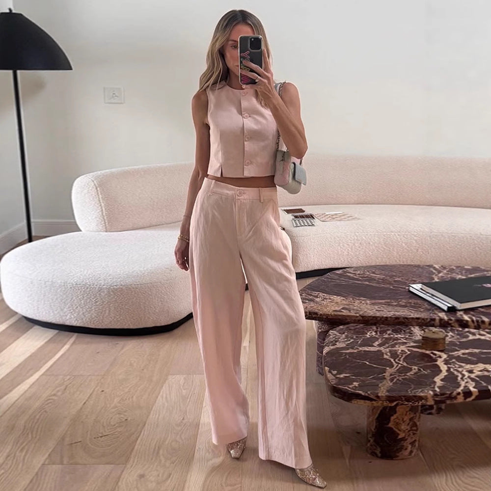 Damen Hochtaillierte weite Sommerhose mit Bügelfalte und Eingrifftaschen Shop Nory