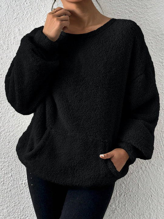 Damen Kuscheliger Teddy-Fleece-Pullover mit Kängurutasche Shop Nory