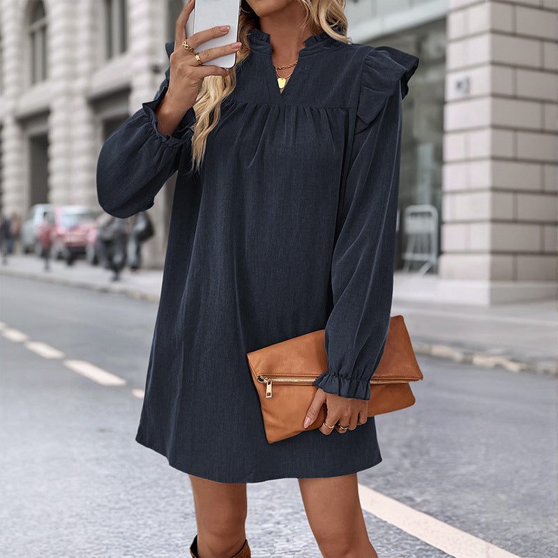 Damen Rüschen-A-Linien Kleid mit geraffter Brust und V-Ausschnitt Shop Nory