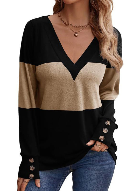 Damen Feinstrick-Pullover mit V‑Ausschnitt, Colorblock und Zierknopf‑Manschetten Shop Nory