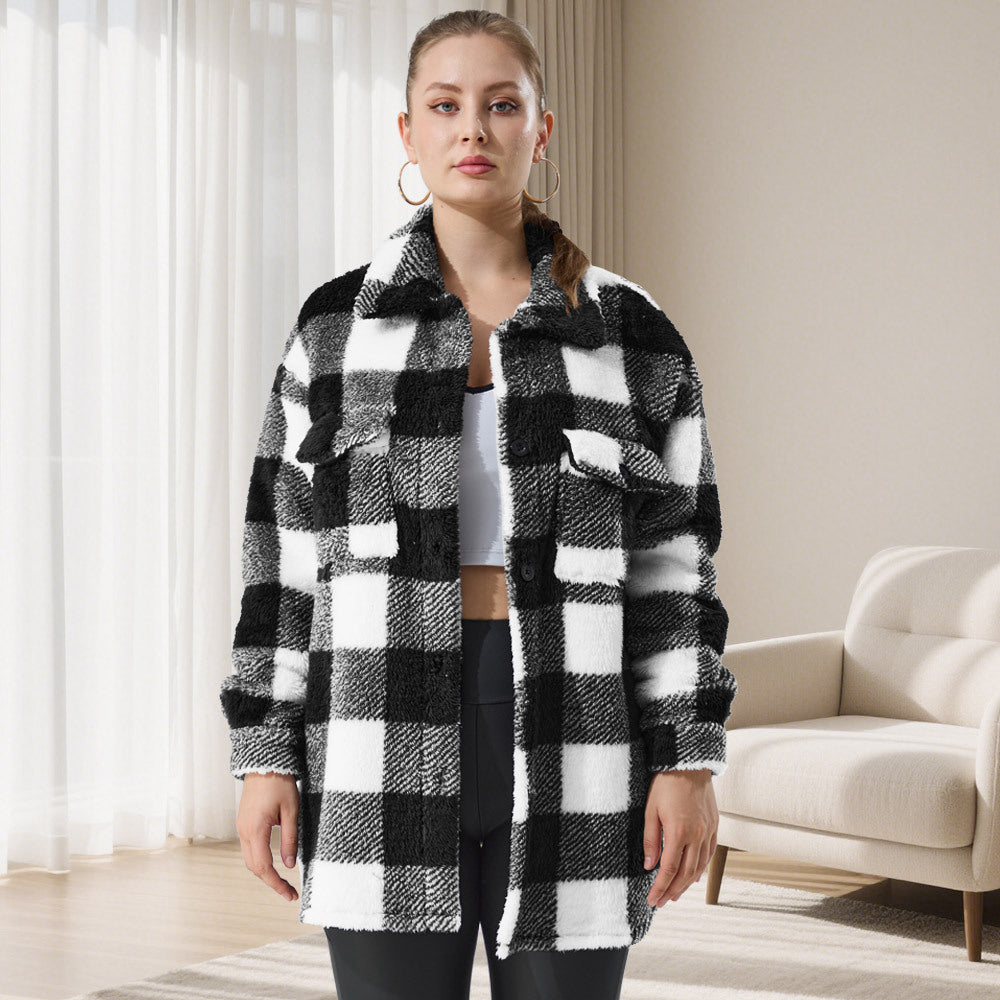 Damen Oversized Teddy-Hemdjacke mit Karomuster Shopy Nory