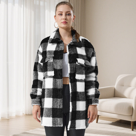 Damen Oversized Teddy-Hemdjacke mit Karomuster Shopy Nory