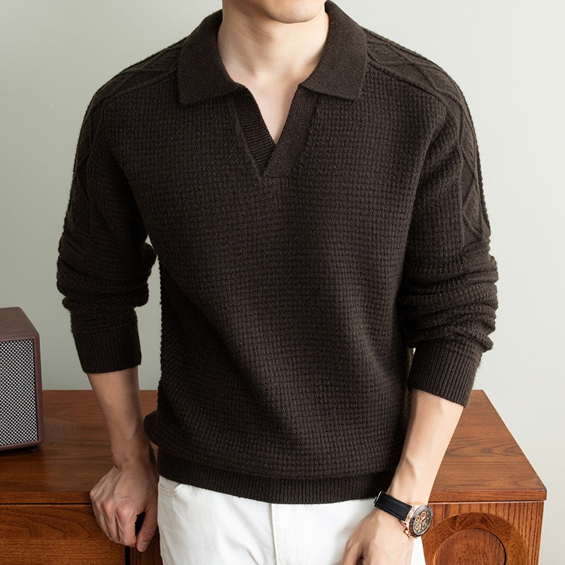Herren Polo-Pullover mit strukturiertem Waffelstrick und Zopfmuster-Ärmeln Shop Nory