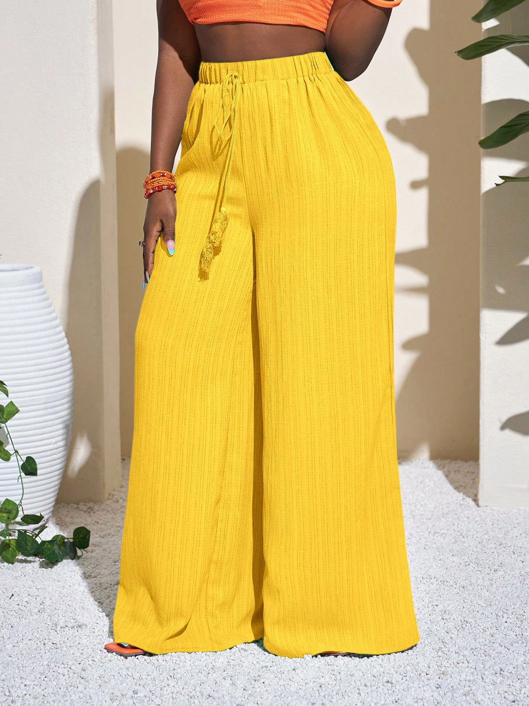 Damen Palazzo-Hose mit hohem Bund, elastischem Kordelzug und weitem Bein Shop Nory