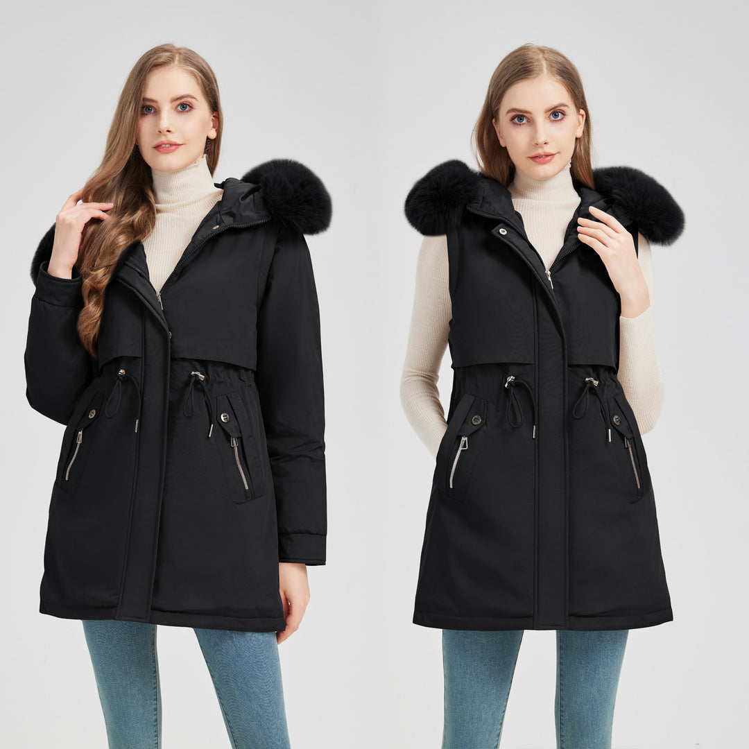 Damen nan taillierter Funktionsparka mit asymmetrischer Frontblende, verstellbarem Tunnelzug und windschützendem Stehkragen Shop Nory