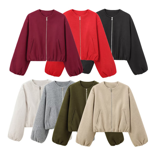 Damen Kurzer Wollmix-Bomber mit Rundhalsausschnitt, Reißverschluss und Ballonärmeln Shop Nory