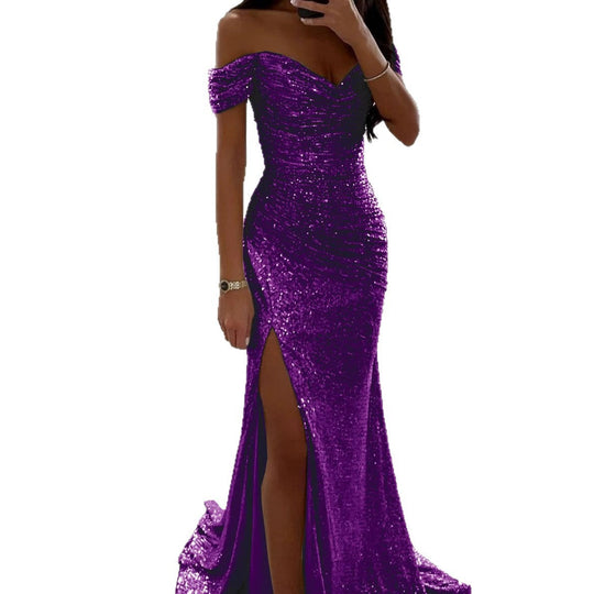 Damen Glitzerndes Off-Shoulder Abendkleid mit seitlichem Schlitz