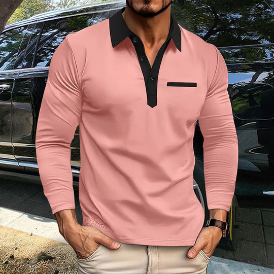 Herren nan stretchiges Langarm-Polo mit kontrastierter Knopfleiste und Brustblende Shop Nory