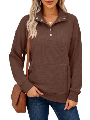 Damen Waffelstrick-Pullover mit Stehkragen, Druckknopfleiste und Kängurutasche Shop Nory