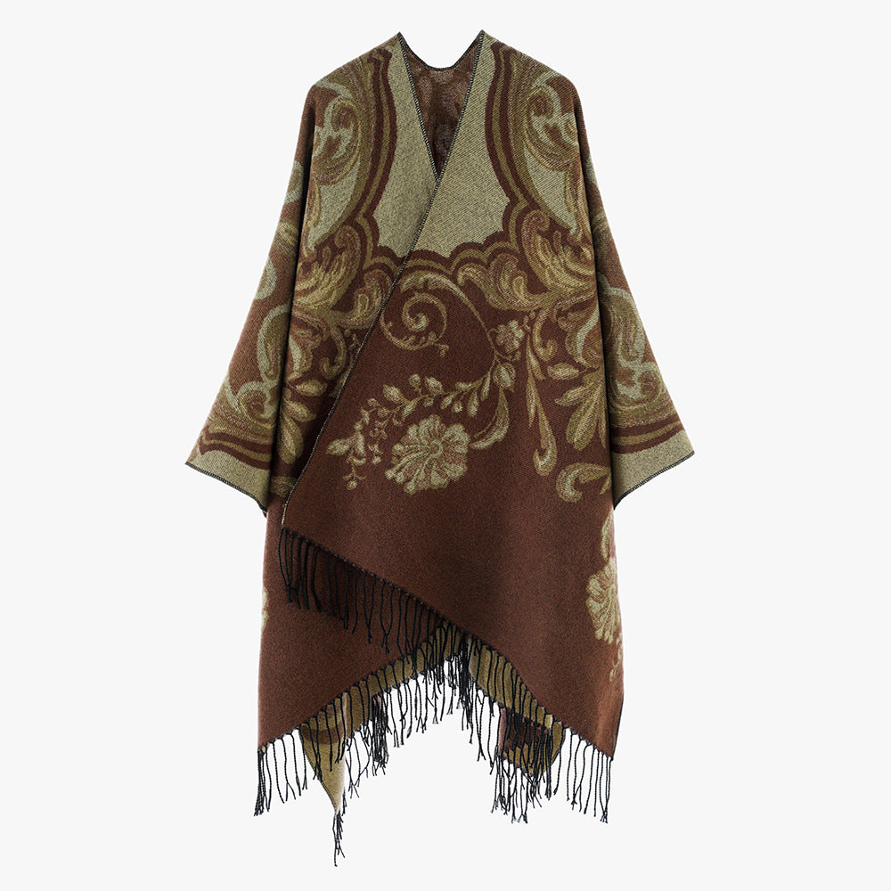 Damen Barock‑Jacquard Cape mit asymmetrischem Zipfelsaum und Fransen Shop Nory