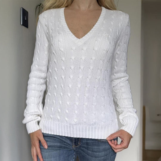 Damen nan Premium-Baumwollmix Zopfstrickpullover mit tiefem V-Ausschnitt und taillierter Silhouette Shop Nory