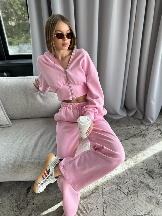 Damen kurzes Reißverschluss-Cropped-Hoodie mit hoher Bund Palazzo-Jogginghose Set Shop Nory