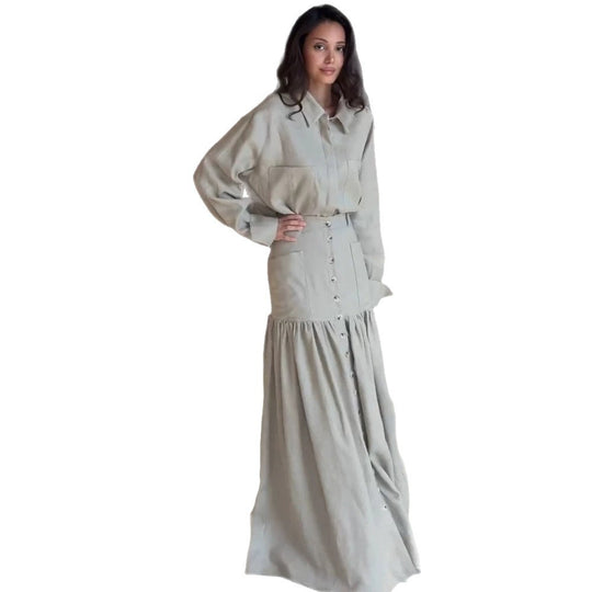 Damen Zweiteiliges Oversize-Hemd und Maxirock-Set mit hoher Taille & durchgehender Knopfleiste Shop Nory