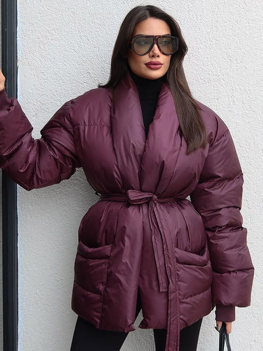 Damen Gesteppte Taillierte Steppjacke mit Schalkragen und Bindegürtel Shop Nory