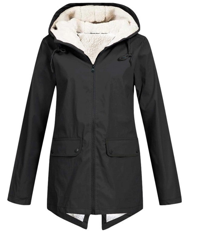 Damen wetterfeste und gefütterte Regenjacke mit verstellbarem Kapuzenkragen