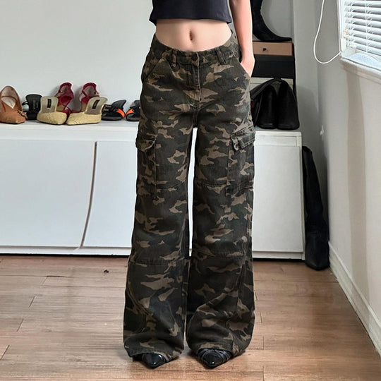Damen nan weite Cargo-Hose mit Camouflage-Print, hoher Taille und mehreren aufgesetzten Beintaschen Shop Nory