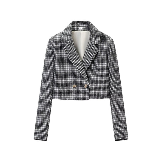 Damen Cropped Wollmischblazer mit Hahnentritt‑Muster und doppelreihiger Knopfleiste Shop Nory