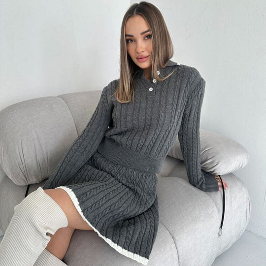 Damen gestricktes Polo-Lounge-Set mit Zopfmuster, tailliertem Cropped-Pullover und A-Linien-Rock Shop Nory