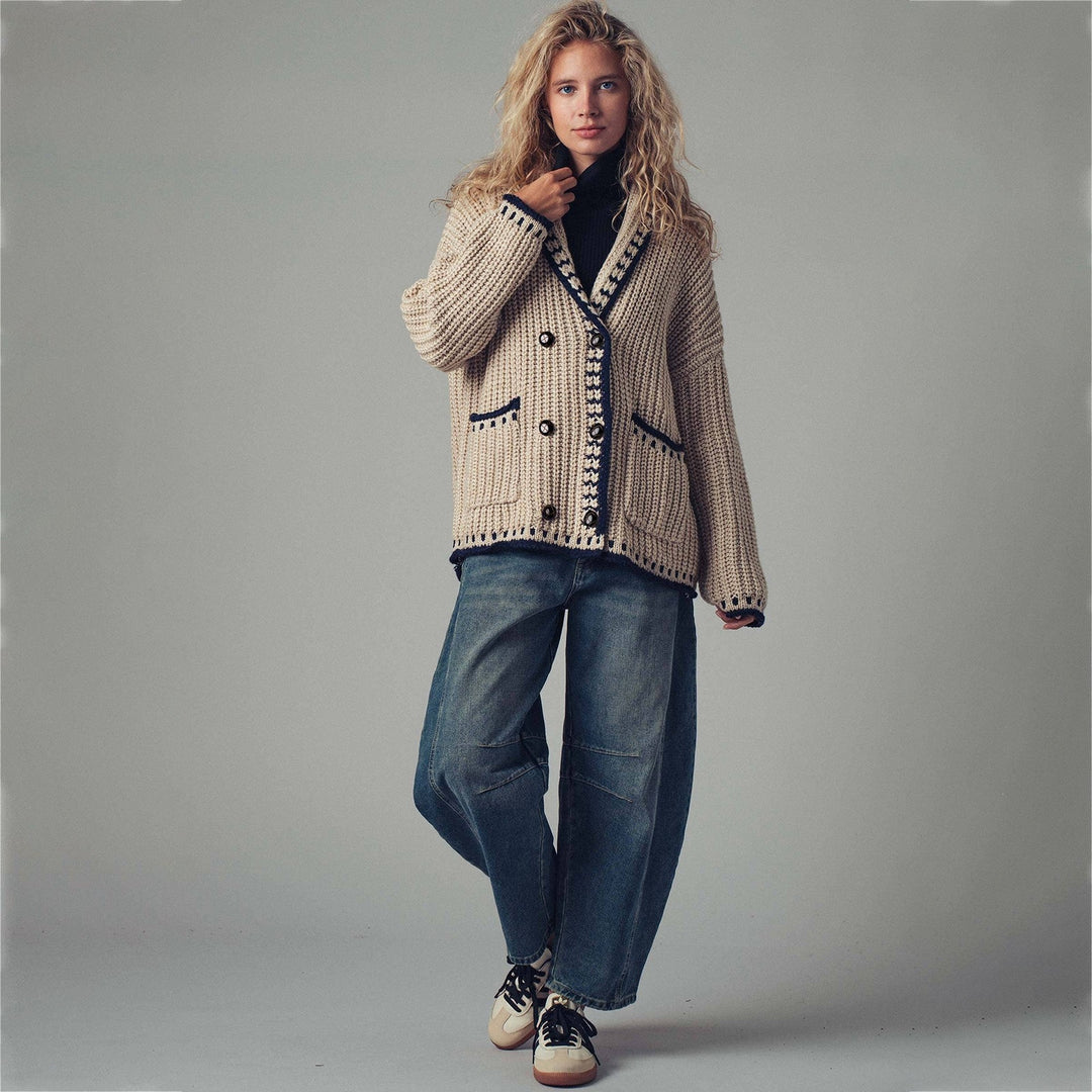 Damen Grobstrick-Cardigan mit Schalkragen, Zierstreifen & aufgesetzten Taschen Shop Nory