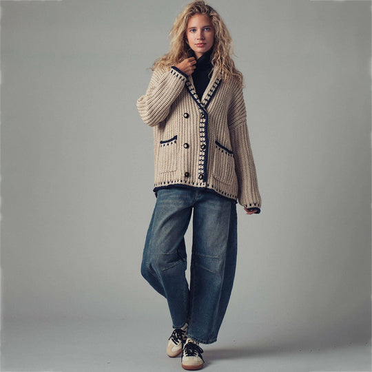 Damen Grobstrick-Cardigan mit Schalkragen, Zierstreifen & aufgesetzten Taschen Shop Nory