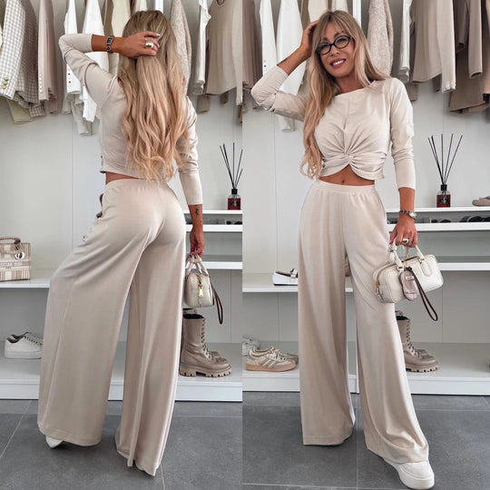 Damen figurnahes Twist-Cropped-Shirt mit weitem High-Waist Palazzo-Hose aus fließendem Jersey Shop Nory