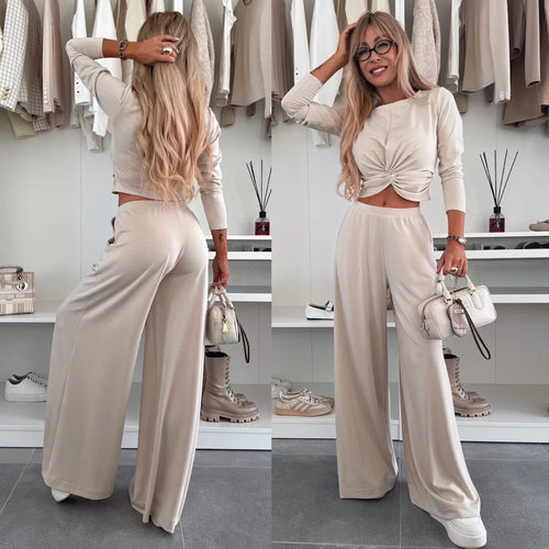 Damen figurnahes Twist-Cropped-Shirt mit weitem High-Waist Palazzo-Hose aus fließendem Jersey Shop Nory