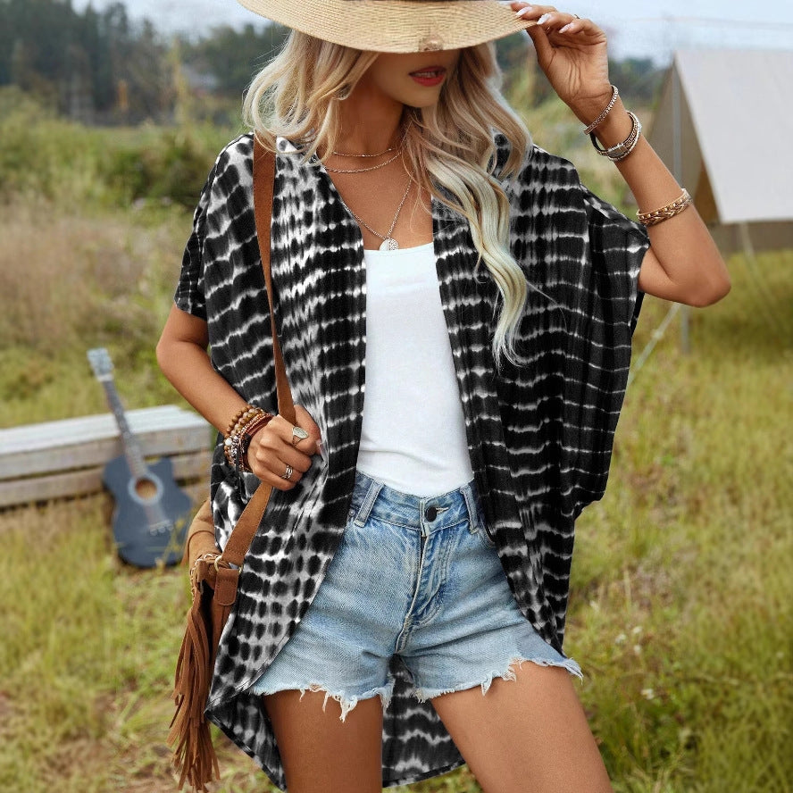 Damen Offener Leichter Kimono-Cardigan mit Batikmuster und Kurzarm Shop Nory