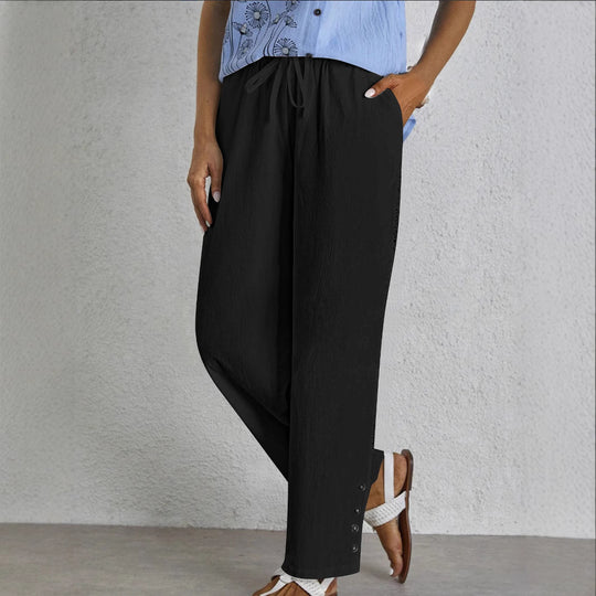 Damen Leichte Palazzo-Hose mit Gummibund, Tunnelzug und Zierknopf-Detail Shop Nory