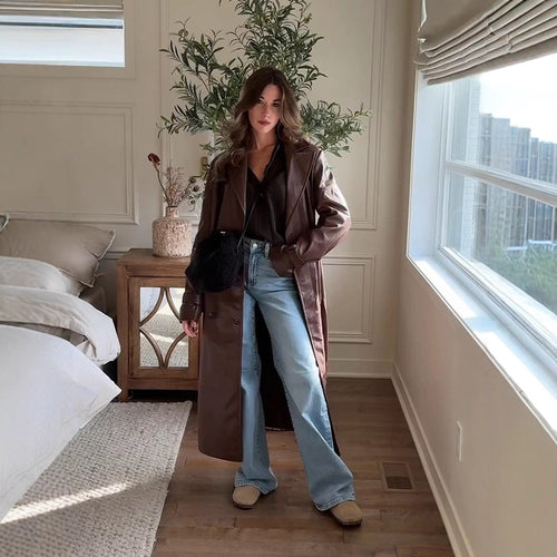 Damen Langer Trenchcoat aus Lederimitat mit Oversize-Schultern und taillierter Silhouette Shop Nory