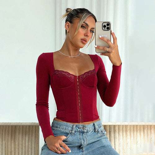Damen Figurbetontes Langarm-Corsagen-Top mit Spitzenbustier und Haken‑Ösen-Verschluss Shop Nory