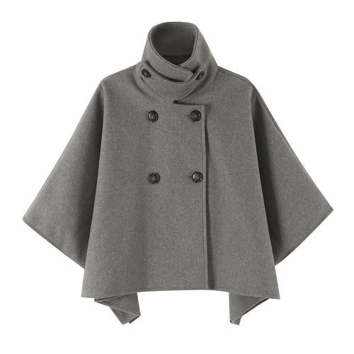 Damen Wolloptik-Cape mit doppelreihiger Knopfleiste, hohem Stehkragen und kastiger Silhouette Shop Nory